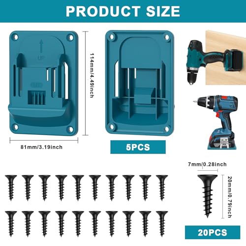 5 Stück Wandhalterung Werkzeughalter für Makita 18V Akkuschrauber & Elektrowerkzeuge, Makita Akku Halterung Set mit 5-tlg Maschinenhalter, Werkstatt Garage Organizer Kompatibel mit 14.4-18V (Blau)