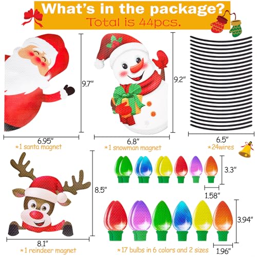 Image of 44 Pieces Christmas Car Refrigerator Decorations - Reflective Bulb Light Santa Reindeer Tree Snowman Magnet Accessories Set Xmas Holiday Cute Decor