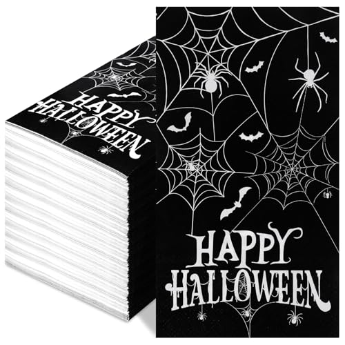Halloween Napkins, 100 PCS Halloween Napkins Paper Disposable, Spider Web Bat Decorative Dinner Napkin Cobweb Guest Hand Towel for Bathroom for Halloweens Horror Birthday Party Supplies Table Decor