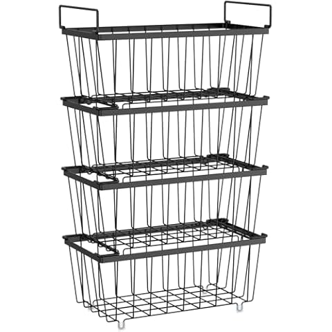 iSPECLE Freezer Organizer Bins - 4 Pack Stackable Chest Freezer Organizer for 7 Cu.FT Deep Freezer Sort Frozen Food, Easily Get Food from the Bottom with Side Handles Add Storage Space, Black Cover
