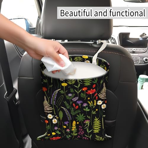 Image of Car Trash Can, Hanging Garbage Bin for Men and Women, Cute Car Organizer and Storage Bag, Canvas Vehicle Trash Can Bag Easy-to-Install Cute Black Floral