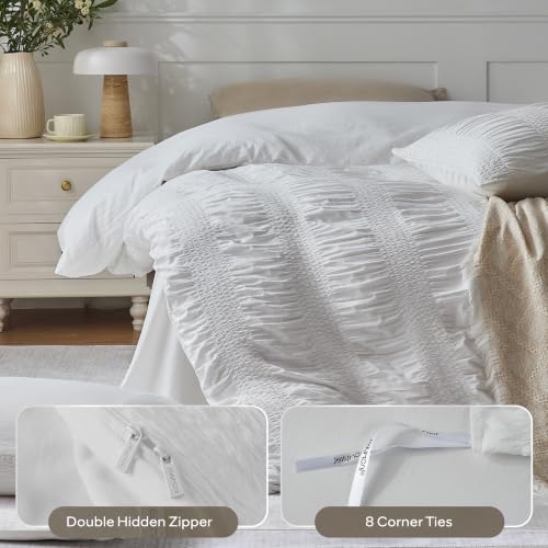 Image of JELLYMONI White Duvet Cover Full Size, 3pcs Washed Microfiber Bedding Set, Soft Breathable Wide Seersucker Duvet Cover Set with Zipper Closure and Corner Ties for All Seasons