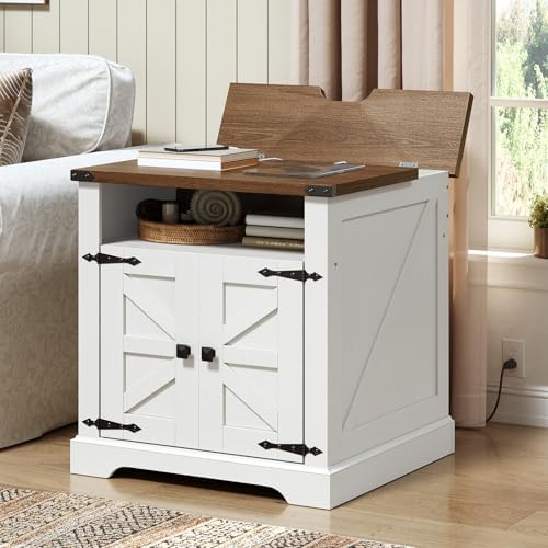 HOOBRO White Farmhouse End Table with Charging Station, 60 cm Large Sofa Side Table Living Room, Nightstand with Barn Door, Wooden Square Bedside Tables, Flip Top, White and Walnut WH601UBZ01