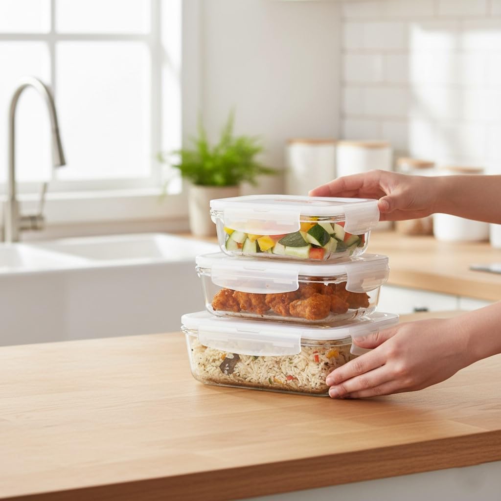 Borosilicate Rectangular Glass Food Storage Container With Air Vent Lid-Set Of 3 Pcs - (400Ml, 620 Ml, 1000 Ml), 1 Year, Transparent