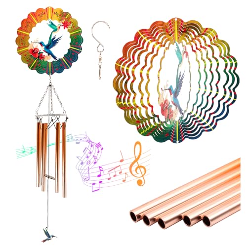 Image of Wind Chimes with Hummingbird Wind Spinner, Gifts for Mom Women Grandma Birthday Retirement Teacher, 31 inch Windchimes Outdoor Decor Hanging Mobile for Garden Porch Patio Backyard