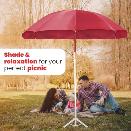 Image of ORILEY Garden Umbrella with Stand Foldable Big Size (7ft Height 42 Inch Rib Arm) Heavy Duty Waterproof Rain & UV Sun Protection Outdoor Patio for Balcony Shedding Cantilever & Lawn (Red)