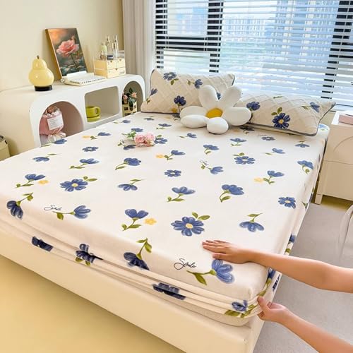 Beydodo Sabanas Bajera Ajustables 3 Piezas 150 x 200 CM + 2 Fundas Almohada,Terciopelo de Leche Sábanas Bajera Suave Patrón de Hojas y Flores Beige Azul Verde