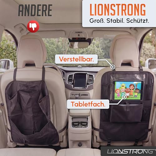 LIONSTRONG® Auto Organizer Kinder Rücksitz schwarz [WASSERDICHT] - Rückenlehnenschutz Auto Kinder universell kompatibel - Autositz Organizer - Sitzschutz Rückenlehne - Tablet-Fach