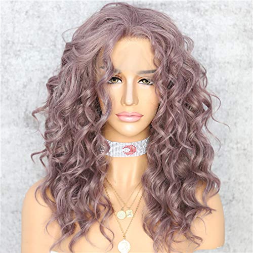 WIGODDESS Curly Lace Front Wig , Body Curly Daily Makeup Party Wig Perruque Heat Resistant Hair 16 inch Synthetic Lace Front Wig Body Curly Lace Front Wig For Women (Purple HK-5)