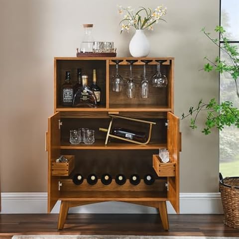 HOMIQUEEN 31.5" Rectangular Wood Liquor Cabinet with Wine Glass Holder & Wine Rack & Adjustable Shelf, Kitchen Coffee Bar Cabinet, Rustic Sideboard Buffet Storage Cabinet for Living Room Dining Room Cover