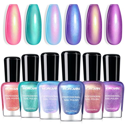 Morovan Nail Polish Set Ombre: Aurora Pearl Charm Summer Fingernail Polish Iridescent Glitter Pink Blue Purple Mermaid Nail Lacquer Quick Air Dry Toenail Polish Kit Gift Home DIY for Women Girls