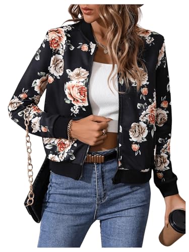 MakeMeChic Women's Baseball Jacket Floral Long Sleeve Zip Up Baseball Bomber Jacket Coat