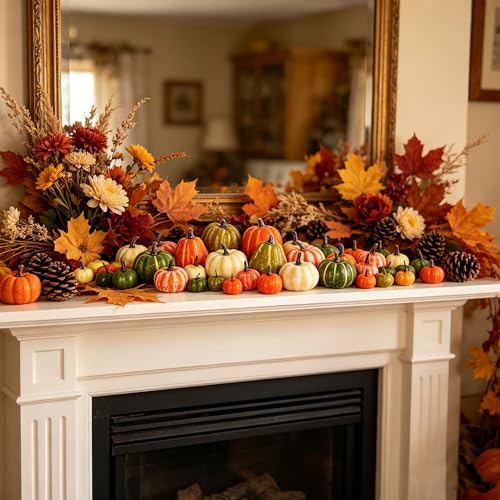 Image of winemana 46 Pcs Artificial Pumpkins for Decorating Fall Decorations | Assorted Size, Mixed-color Foam Pumpkin for Home, Thanksgiving Table Centerpiece, Wedding Party Decor