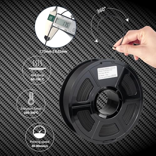 Image of Carbon Fiber PA12 3D Printer Filament 1.75mm Black, High Rigidity Heat-Resistant 3D Printer Filament,Abrasion Resistance for Functional Parts Carbon Fiber Fit Most 3D FDM Printers
