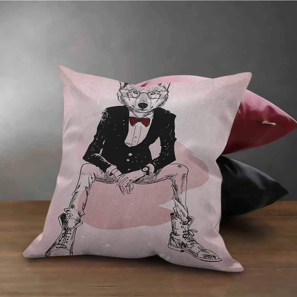 HouseLook Indie Cushion Cover Decorative Hipster Portrait of Sitting Wild Wolf with Glasses Smart Casual Outfit for Sofa Couch Bed and Car Square Pillow Cover Baby Pink Black Burgundy (26"x26")