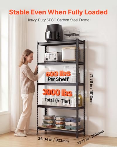 Image of VEVOR Storage Shelves, 5-Tier Adjustable, 3000 lbs Capacity, Heavy Duty Garage Storage Shelving Unit, Metal Utility Rack Shelf, for Kitchen Pantry Basement Bathroom, 36.34 inch W x 12.17 inch D x 71.38 inch H