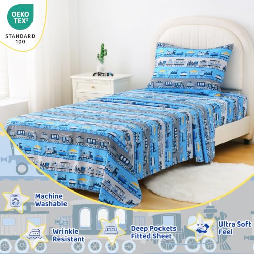 Image of Viviland 3 Pieces Boys Train Twin Sheet Set - Soft Microfiber Fitted Flat Sheets & Pillowcase Bed Sheet Set - Grey Blue Train Print Bedding Sets for Kids