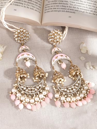 Image of Rubans Long Jhumka Earrings with Ear Chain Pearl Beaded Traditional Wedding Jewellery Gift for Women & Girls