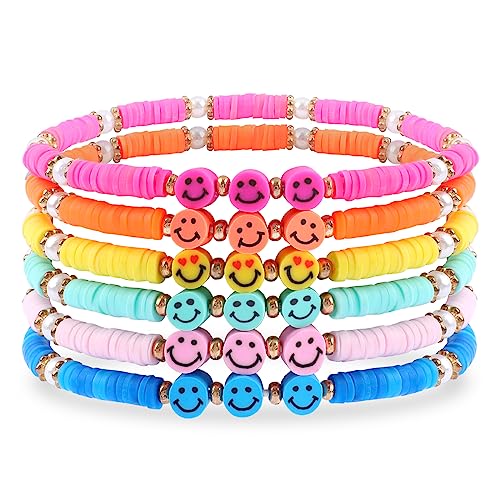 Colorful Smiley Face Fruit Beaded Bracelets for Women Rainbow Stretch Clay Preppy Bracelets Y2k Heishi Surfer Stackable Bracelet Set Handmade Summer Beach Party Jewelry Gift