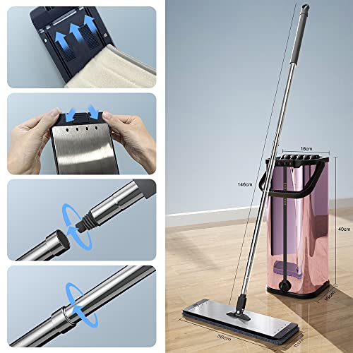 Purple Mop And Bucket Set Squeeze Flat Floor, Stainless Steel Handle Adjustable, 4 Washable Reusable Microfiber Mop Pads, Professional Commercial Floor Cleaner Bucket Mops For Floor Cleaning #TOP3