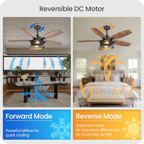Image of 42 Inch Farmhouse Ceiling Fan with Lights and Remote, Timer, Dual Finish 5 Blades (Rustic Brown and Oak), 6 Speeds, Reversible DC Motor, Rustic Brown Caged Ceiling Fan for Bedroom FB04CF4205