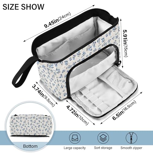 Image of Fisyme Floral Blue Flowers Pencil Case Large Capacity Pencil Pouch Pen Bags Box Big Makeup Pencil Case Organizer