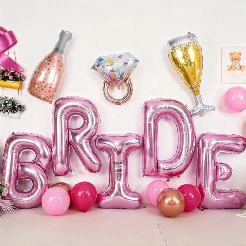 Image of 40inch Bride Balloons Pink Letters Banner, Bachelorette Party Decorations Set with Diamond Ring Champagne Bottle Balloon Glass Foil Balloon for Pink Bachelorette Engagement Wedding Bridal Shower Decor