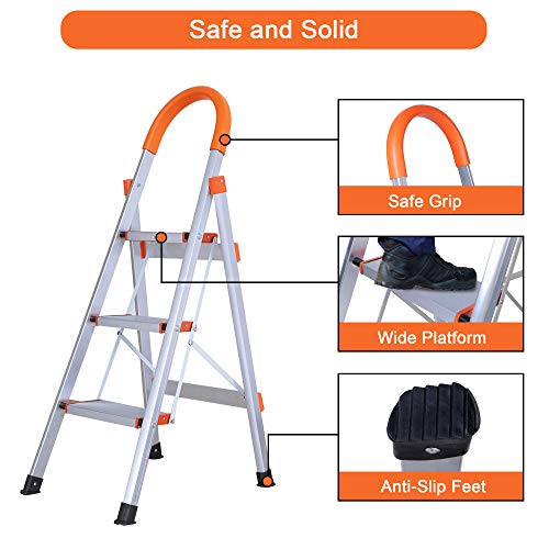 LUCKYERMORE Portable Step Ladder 3 Step for Adults, Sturdy Aluminum 3 Step Stool with Handgrip for Kitchen, 220lbs Capacity