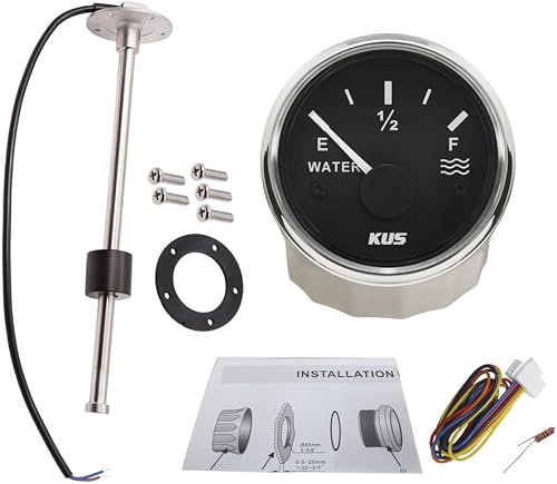 Kus Water Level Tank Gauge 2'' with Red and Yellow Backlights 12V 24V Sensor 380mm Sending Unit 0-190ohm Signal 5-Hole Assembly for Car Vessels Van RV