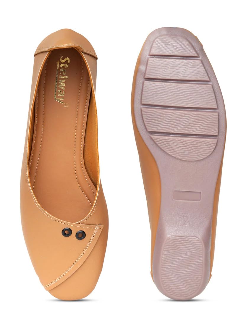 Women's Classic Ballet Flats with Cross-Over Stitched Design & Dual Button Accent | Slip-On Bellies for Women | Casual, Office-image-46