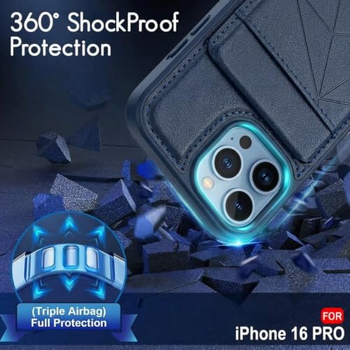 Image of amazon basics Premium Vegan Leather Back Cover with Card Holder and Integrated Mobile Stand for iPhone 16 Pro - Slim Shockproof Wallet Case with Geometric Stitching [Blue]