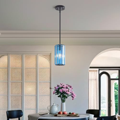 Image of Modern Crystal Pendant Light Mini Light Blue Chandeliers Adjustable Pendant Lights Fixture for Kitchen Island Dinning Room Corridor Bedroom(Light Blue 2-Pack)
