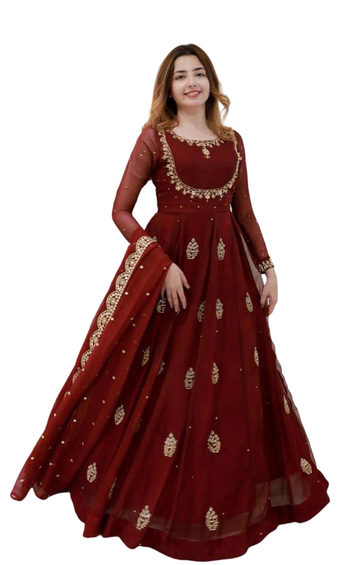 RAMXMAN Elegant Maroon Georgette Evening Gown, Floor Length Flared Dress with Gold Sequence Embroidery Work, Long Sleeves, 4 Meter Flair, Size M-XXL