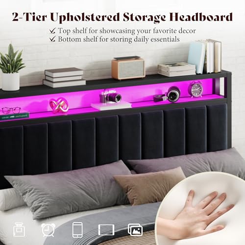 Image of AMERLIFE Full Bed Frame with LED Lights & 2-Tier Storage Headboard | Black, 2 Storage Drawers, Metal Platform Frame, Velvet Upholstery, Heavy-Duty Slats, No Box Spring, Easy Assembly