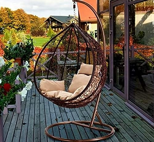 Image of Single Seater Swing Chair with Stand and Cushion Hammock Swing for Adult Outdoor Indoor Garden Living Room Balcony Hanging Chair (Brown Khaki)