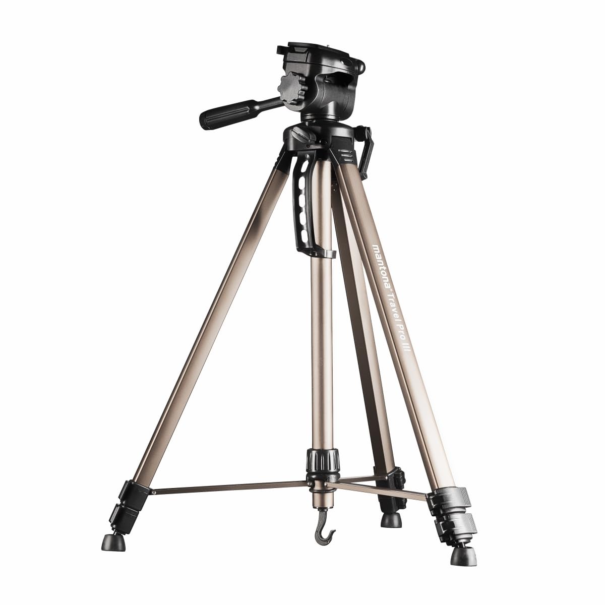 Mantona Basic Travel Pro III - Treppiede grande e leggero in alluminio a tre zampe con piastra a sgancio rapido, altezza 55-146 cm, portata 3 kg, leggero 1,07 kg, bronzo con custodia