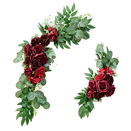 HLTER Hochzeits-Bogen-Blumen-Set, 2 Stück, künstliche weinrote Rosen mit grünen Blättern, große Kunstseide, Blumengirlande, Blumenarrangement, Swag Decor Cover