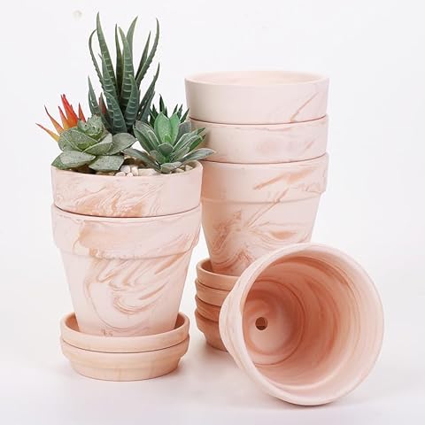 Fcacti 4 Inches Small White Mixed Terracotta Pots with Saucer, 6 Pack 4" Terra Cotta Planter with Drainage Holes,Small Clay Flower Pots for Plants,Succulents,Crafts,Wedding Favor Cover