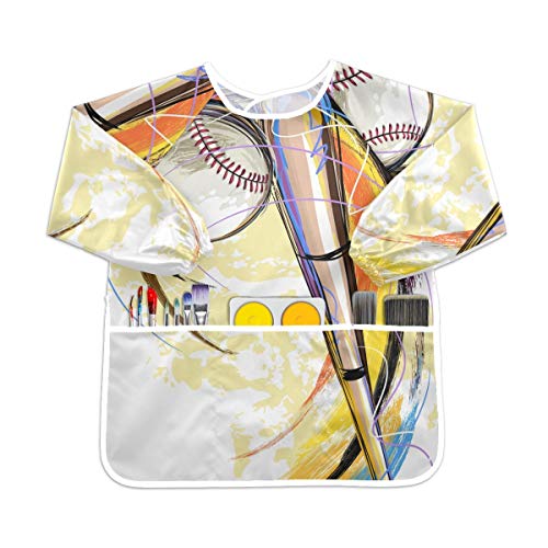 抽象野球幼児用キッズスモック子供用防水エプロンアートペインティングスモックよだれかけ3ポケット付き