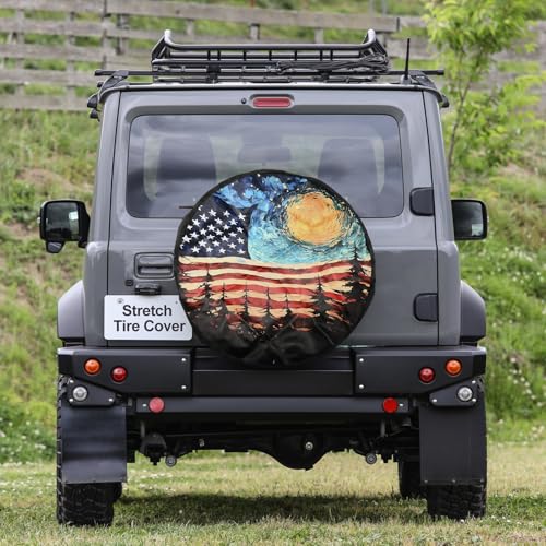 Image of Spare Tire Cover for RV Trailer, PU Leather Tire Cover Waterproof Sun Protection with American Flag & Forest Design, Fit for Trailers, RV, SUV, Off-Road Vehicle, Camper, and Trucks (15 inch)