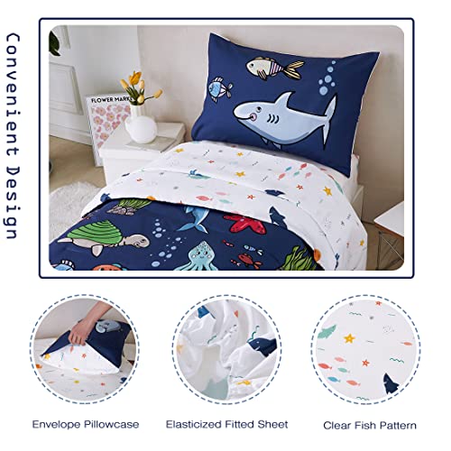 Image of PERFEMET 4 Pieces Twin Bed in A Bag Navy Blue Ocean Animal Themed Kids Comforter Set for Boys Girls Soft Reversible Marine Life Bed Set with Kids Sheets(Navy Blue, Sharks /Dolphins /Fish)