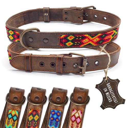 ALTEZAR Collare per cani in pelle bovina marrone tribale rosso fuoco continuo ricamato giallo/arancione/rosso – fatto a mano in Messico collare in pelle per cani – taglia XL – per cani molto grandi