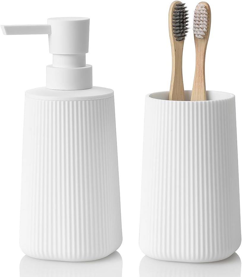 Bathroom Accessories 2 Piece Soap Dispenser and Toothbrush Holder Set Striped White