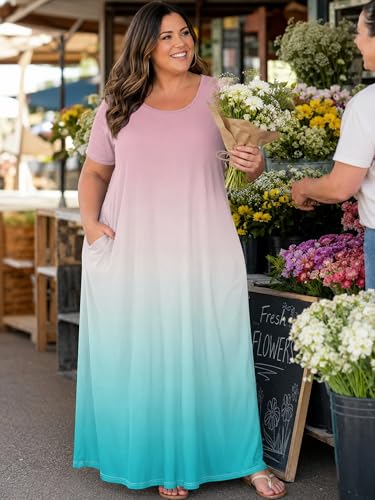 Image of PinkPatty Women's Plus Size Maxi Dresses Short Sleeve Sundress Summer T-Shirt Beach Long Dress with Pockets