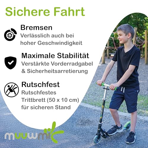 muuwmi Aluminium Scooter Neon - 125 mm R&auml;der - ABEC 5 Lager - H&ouml;henverstellbarer Lenker - Geeignet f&uuml;r Kinder - GS-Zertifiziert - Bis zu 100 kg - mit Leuchtrollen - Tretroller in gr&uuml;n-schwarz