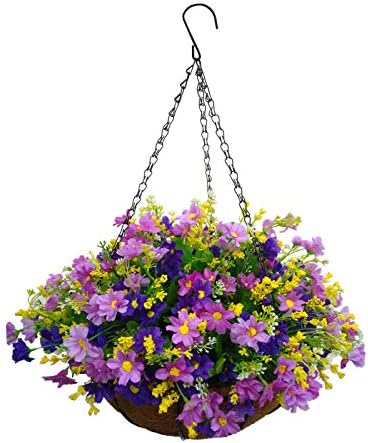 Silk Flower Chain Hanging Basket Flowerpot Artificial Daisy Fake Flowers Purple (Medium Basket)