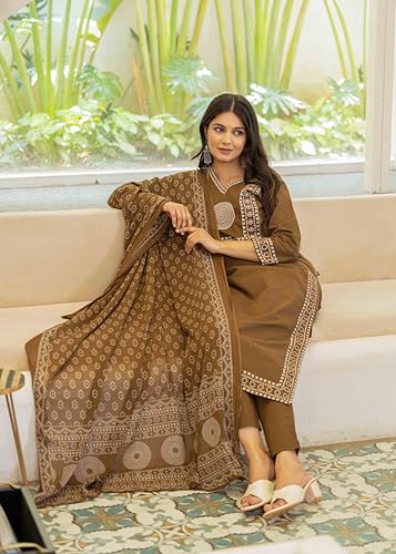 Image of Pistaa's Women's Ethnic Motifs Printed Regular Pure Cotton Kurta with Trousers With Dupatta Set