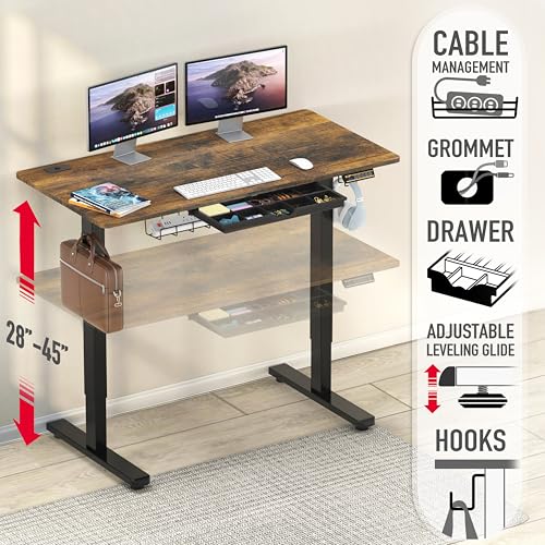 Image of SHW 48-Inch Electric Height Adjustable Standing Desk with Drawer, Memory Preset and Cable Management Tray, Rustic Brown