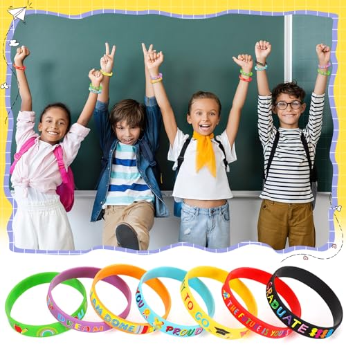 JUNEBRUSHS 42pcs Kindergarten Preschool Graduation Party Favors Silicone Bracelets Rubber Wristbands Supplies for Class of 2024 Graduation Kindergarten Preschool Party Favors Accessories