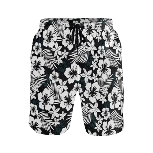JHKKU Men's Swim Trunks Black Hibiscus Flower Beach Board Shorts